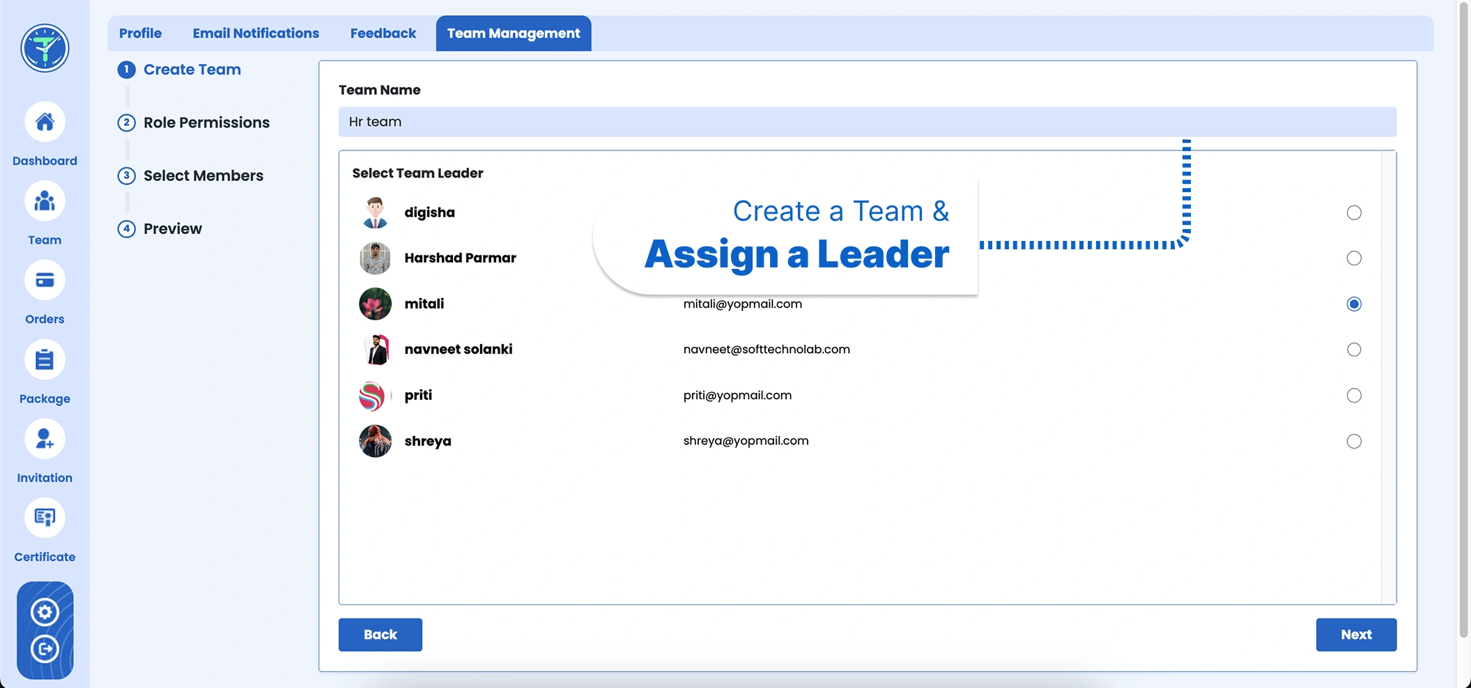 Create a Team & Assign a Leader