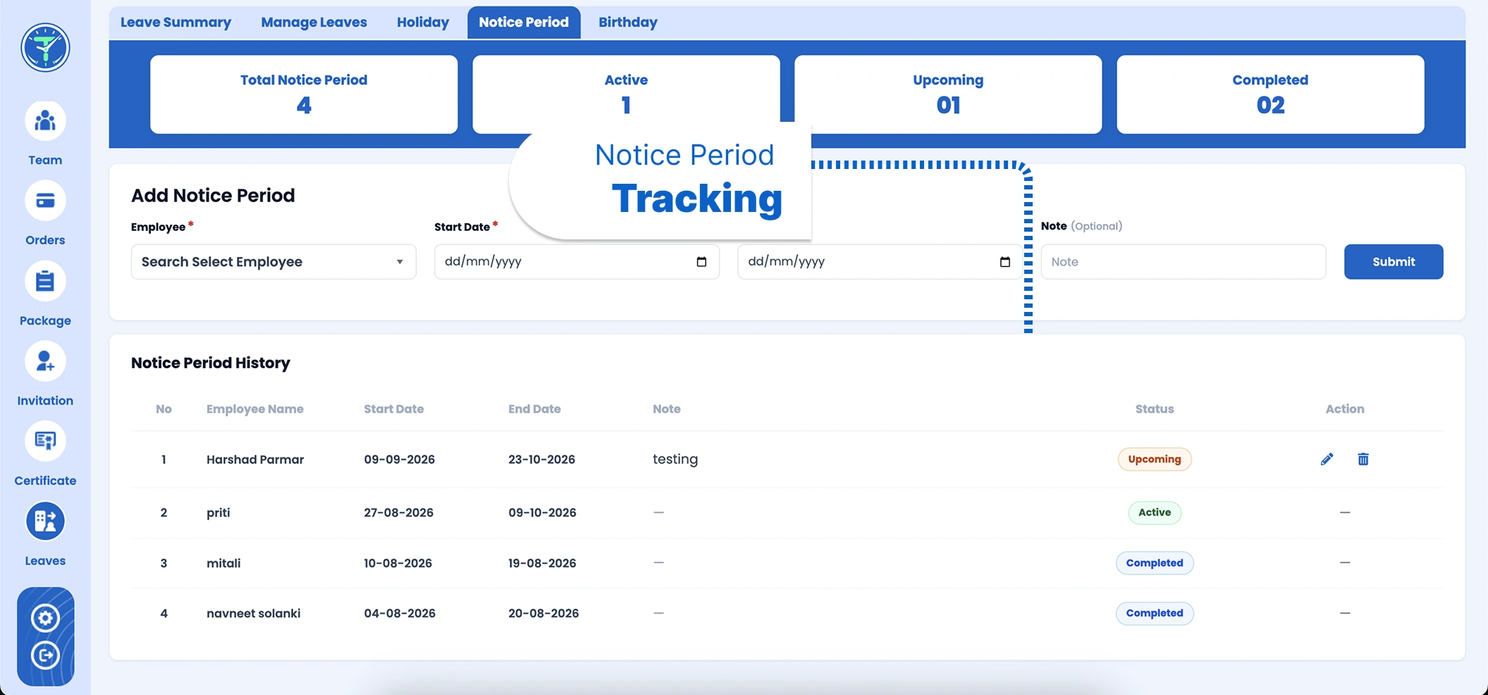 Notice Period Tracking